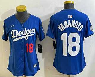 Womens Los Angeles Dodgers #18 Yoshinobu Yamamoto Number Blue 2024 World Series With Fernando 34 Fashion Limited Stitched Jersey